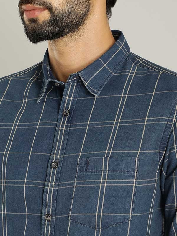 Indian Terrain Men's Slim Fit Full Sleeve Checkered Blue Shirt